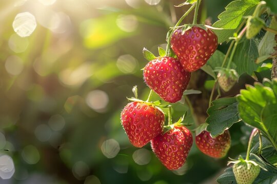   A tight shot of strawberries growing on a tree, sunlight filtering through the leaves on a sunny day