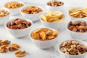   A white counter holds a tableau of white bowls, brimming with various nuts and crackers