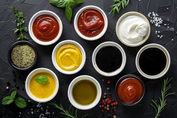   A circular arrangement of sauces and condiments against a black backdrop, garnished with herb sprigs