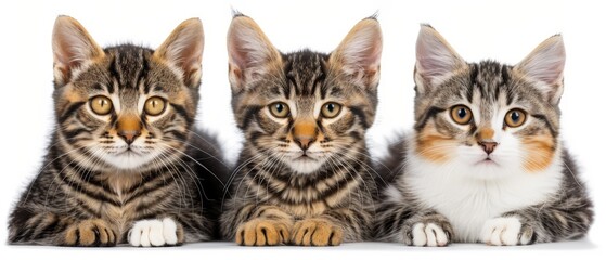   Three kittens seated together on a white surface against a white backdrop