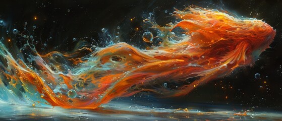   A woman's figure painted with orange, blue, and yellow swirling emanations - obrazy, fototapety, plakaty