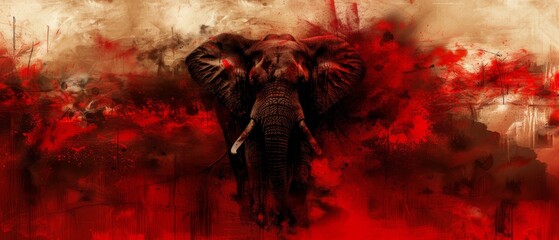   A painting of an elephant with red splatters on its face and trunk against a red backdrop