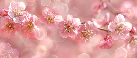   A tight shot of a pink flower cluster on a branch against a softly blurred backdrop of glowing lights