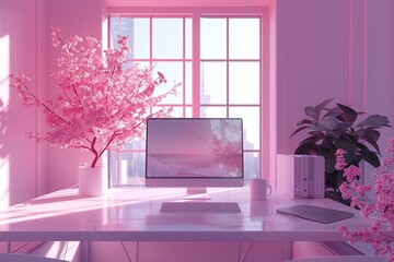 Computer with blank screen on office desk interior. Stylish Dreamy Pastel Color Palette workplace table view.