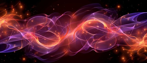   A black background bears ancomputer-generated image of orange and purple swirls, accompanied by a red and blue swirl on its left side - obrazy, fototapety, plakaty