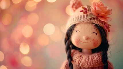 Fototapeta premium Smiling doll in pink lightning background