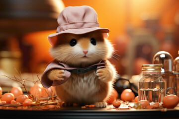 A peach-colored hamster in a detective hat, solving a mystery with a magnifying glass on a peach background. - obrazy, fototapety, plakaty