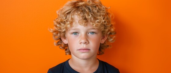   A young boy with curly hair stands before an orange backdrop, gazing seriously into the lens - obrazy, fototapety, plakaty