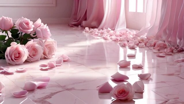 bouquet of roses on a light pink marble floor