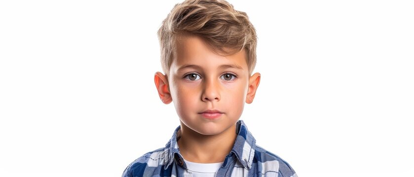   A tight shot of a child's face, gazing directly into the camera He wears a blue and white checked shirt