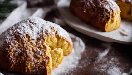 AI-generated illustration of Christmas Stollen with powdered sugar