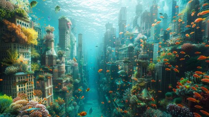 An underwater world with skyscrapers made of coral