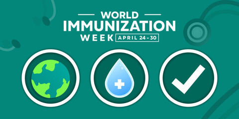 World Immunization Week. Earth, water and checklist. Great for cards, banners, posters, social media and more. Blue background.