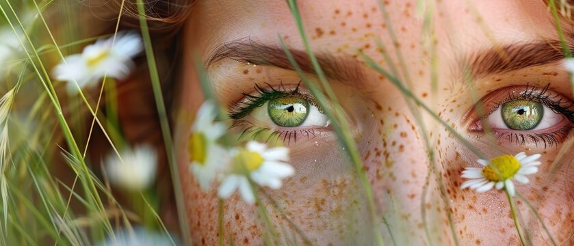   A tight shot of a woman's expressive green eyes surrounded by daisies in the foreground