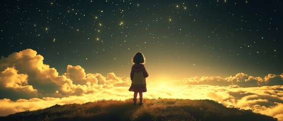   A little girl stands atop a lush green field beneath a night sky filled with stars