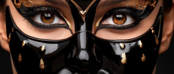   A tight shot of a woman's face adorned with a black mask and golden decorations