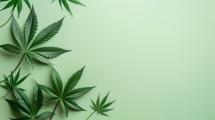 marijuana cannabis leaves isolated on light pastel colored green background with copy space