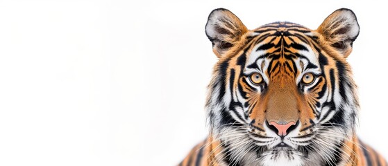   A tight shot of a tiger's head against a white backdrop, featuring a black and orange striped chest
