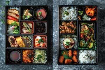 Two black trays showcasing diverse types of food, highlighting the differences between traditional and modern bento lunches