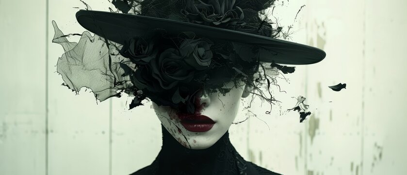   A tight shot of someone wearing a black hat adorned with flowers and a black veil concealing their face