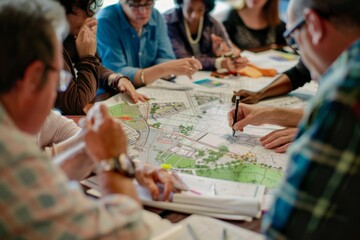 A group of people seated around a table, intensely studying a map and discussing ideas during an urban planning workshop