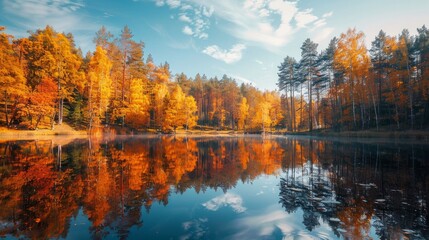 Naklejka na ściany i meble Bright beautiful autumn forest reflected in the waters of the lake 