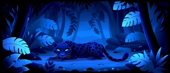   A black-and-blue image of a leopard in a forest, its face radiating a blue glow - obrazy, fototapety, plakaty