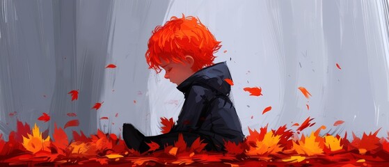   A boy with red hair sits on the ground, gazing at the pile of leaves before him