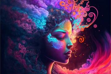 AI-generated illustration of a girl's head merging with a galaxy background