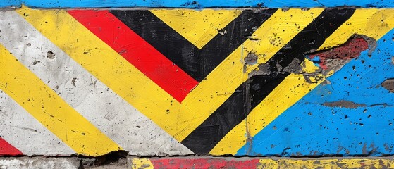   A detailed shot of a painted wall featuring a diagonal design in red, white, blue, and yellow