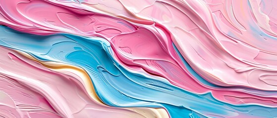   A tight shot of a multicolor fluid paint artwork against a white backdrop Comprised of pink, blue, and yellow hues Swirling patterns in pink, blue, yellow