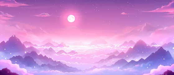 Kissenbezug   A painting of a mountain range under a full moon, with clouds in the foreground Behind, a pink sky filled with stars and clouds © Jevjenijs
