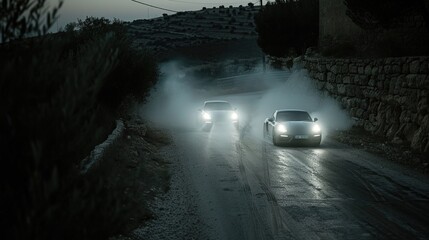 Cars racing on narrow mountain roads circling at night, foggy, dark, drone shot, headlights on
