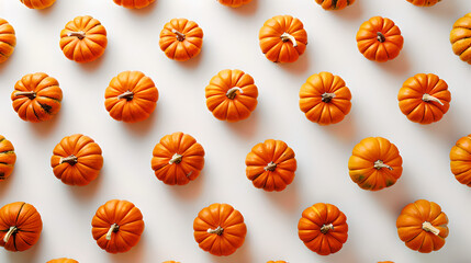 top down view of pumpkins evenly distributed on white background