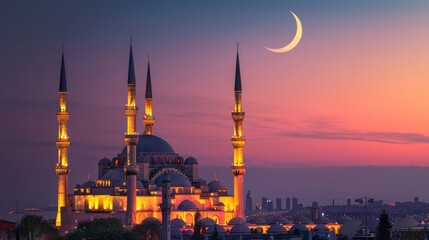 Fototapeta na wymiar Mosque with Background of Moon Crescent