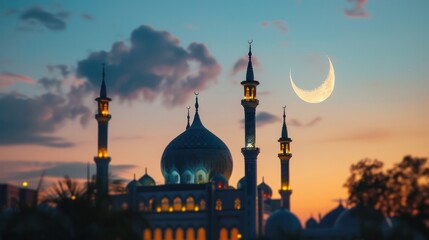 Mosque with Background of Moon Crescent - obrazy, fototapety, plakaty