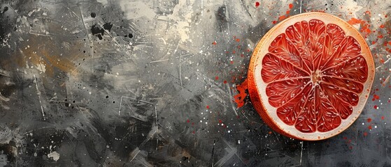   A grapefruit sliced in half, placed against a backdrop of black-and-white paper, adorned with red sprinkles