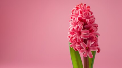   A pink flower, closely framed in a vase, surrounded by green stems against a bright pink backdrop - obrazy, fototapety, plakaty