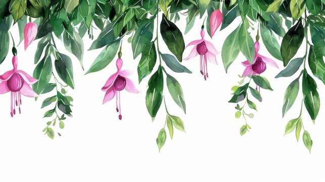  Pink flowers and green leaves on white backdrop Inset area for text or image
