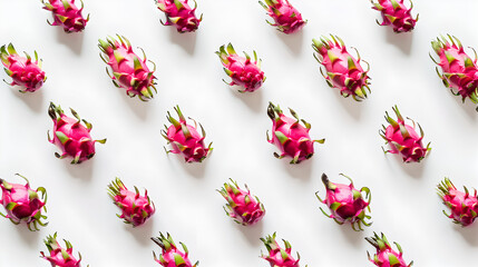 top down view of dragonfruits evenly distributed on white background