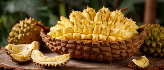   A tight shot of a pineapple's sliced-open sections on a weathered table, revealing its juicy insides