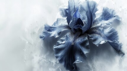  A blue flower atop a rain-splattered windowsill, adjacent to a window speckled with water droplets - obrazy, fototapety, plakaty