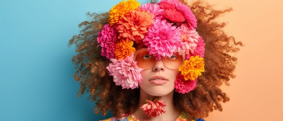   A close-up of a person wearing flowers in her head against a blue wall backdrop