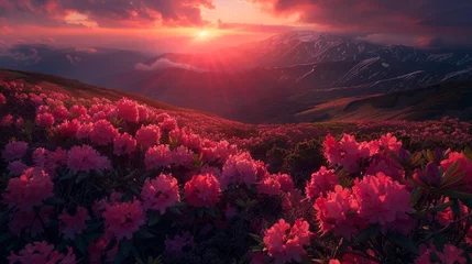 Foto op Plexiglas Charming pink flower rhododendrons at magical sunset. Location Carpathian mountain, Ukraine, Europe. Beautiful nature landscape. Scenic image of idyllic summer wallpaper. Discover the beauty of earth. © Nicat