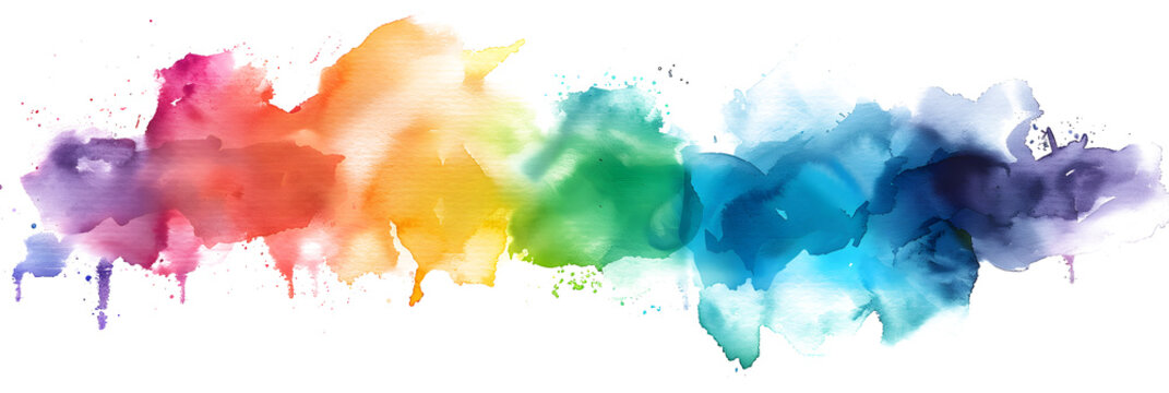 Vibrant rainbow watercolor splashes and strokes on transparent background.
