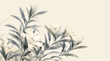   A painting of a plant against a beige background with white flowers and green leaves Light gray serves as the background - obrazy, fototapety, plakaty