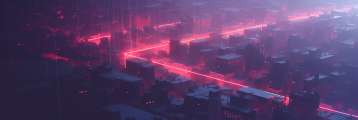 Aerial view of a futuristic cityscape illuminated by neon lights at night, 3d wallpaper of a...