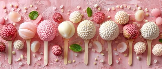   A collection of cake pops arranged vertically atop a pink table, nestled beside one another - obrazy, fototapety, plakaty