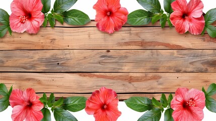   A wooden plank is topped with red flowers and green leaves Below, surrounds a border of intermixed red flowers and green leaves - obrazy, fototapety, plakaty