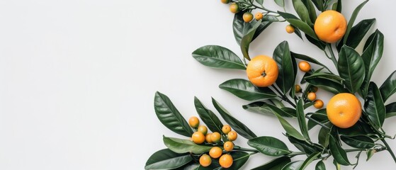   A collection of oranges atop a verdant branch on a pristine white counter